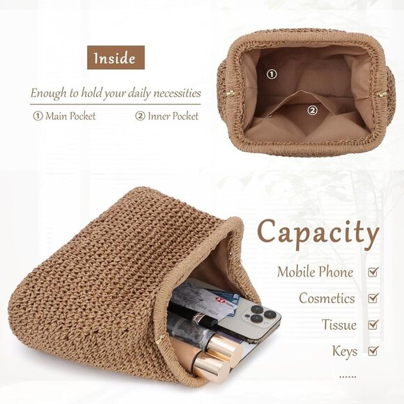 Dumpling Shape Wicker Handbag with Kiss Lock - Lightweight Summer Essential - Picture 7 of 7